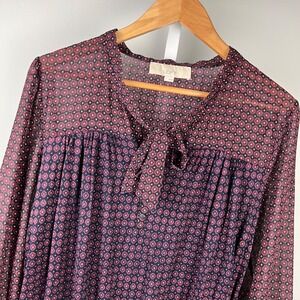 Ann‎ Taylor LOFT Blouse Top Womens Large Maroon Geometric Bow Popover Boho